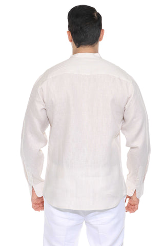 Mojito Men's Pinstripe Mandarin Collar Shirt 100% Linen Long Sleeve Button Down