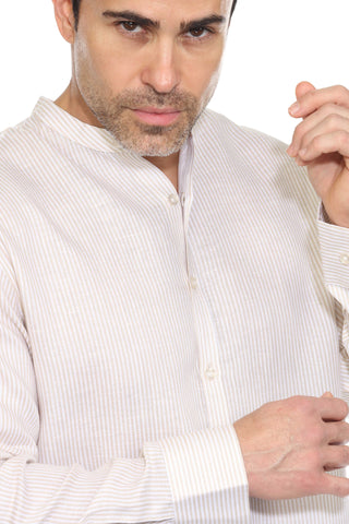 Mojito Men's Pinstripe Mandarin Collar Shirt 100% Linen Long Sleeve Button Down