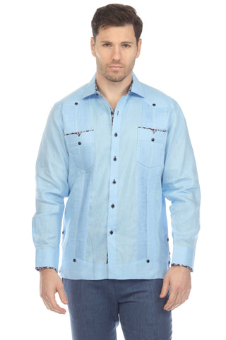 Mojito Men's 100% Linen Guayabera Chacabana Shirt Long Sleeve with Contrast Accent Trim