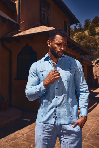 Mojito Men's 100% Linen Chacabana Guayabera – Long Sleeve Shirt with Artisan-Inspired Contrast Trim and Collar