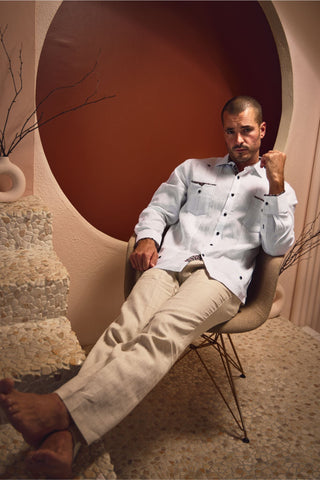 Mojito Men's 100% Linen Chacabana Guayabera – Long Sleeve Shirt with Artisan-Inspired Contrast Trim and Collar