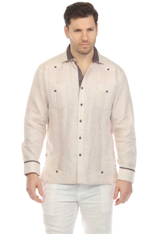 Mojito Men's 100% Linen Guayabera Chacabana Shirt Long Sleeve with Contrast Accent Trim