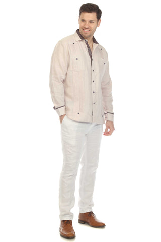 Mojito Men's 100% Linen Guayabera Chacabana Shirt Long Sleeve with Contrast Accent Trim