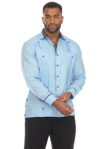 Mojito Men's 100% Linen Guayabera Chacabana Shirt Long Sleeve with Contrast Accent Trim