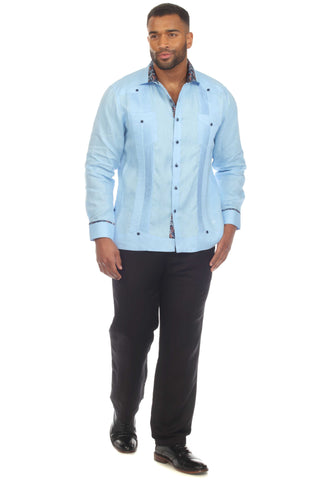 Mojito Men's 100% Linen Guayabera Chacabana Shirt Long Sleeve with Contrast Accent Trim