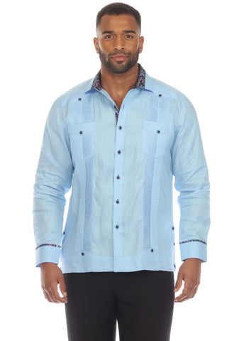 Mojito Men's 100% Linen Guayabera Chacabana Shirt Long Sleeve with Contrast Accent Trim