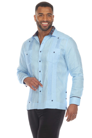 Mojito Men's 100% Linen Guayabera Chacabana Shirt Long Sleeve with Contrast Accent Trim