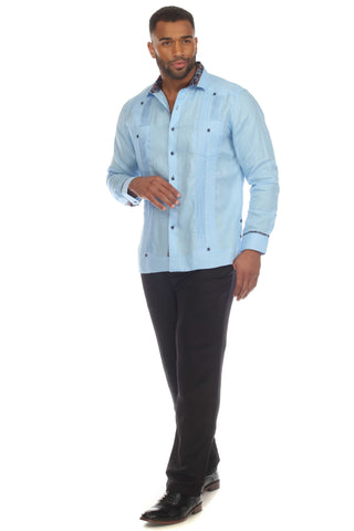 Mojito Men's 100% Linen Guayabera Chacabana Shirt Long Sleeve with Contrast Accent Trim