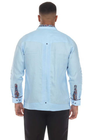 Mojito Men's 100% Linen Guayabera Chacabana Shirt Long Sleeve with Contrast Accent Trim