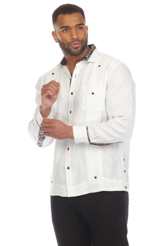 Mojito Men's 100% Linen Guayabera Chacabana Shirt Long Sleeve with Contrast Accent Trim