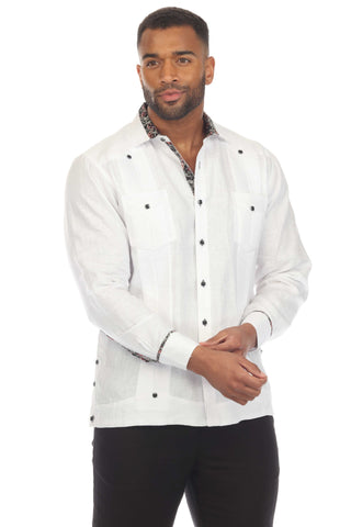 Mojito Men's 100% Linen Guayabera Chacabana Shirt Long Sleeve with Contrast Accent Trim