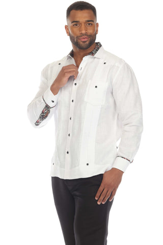 Mojito Men's 100% Linen Guayabera Chacabana Shirt Long Sleeve with Contrast Accent Trim