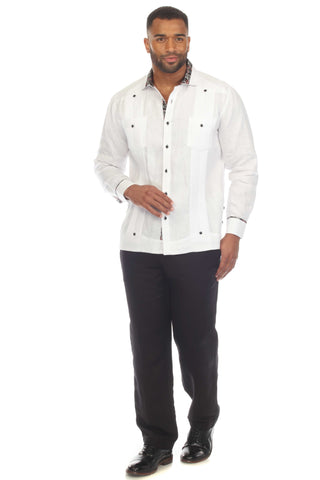 Mojito Men's 100% Linen Guayabera Chacabana Shirt Long Sleeve with Contrast Accent Trim