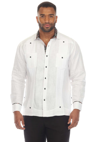 Mojito Men's 100% Linen Guayabera Chacabana Shirt Long Sleeve with Contrast Accent Trim