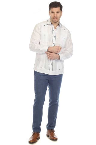 Mojito Men's 100% Linen Guayabera Chacabana Shirt Long Sleeve with Contrast Accent Trim