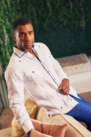 Mojito Men's 100% Linen Guayabera Chacabana Shirt Long Sleeve with Contrast Accent Trim