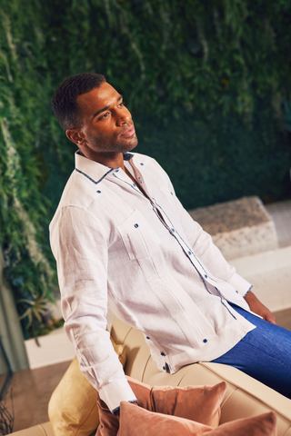 Mojito Men's 100% Linen Guayabera Chacabana Shirt Long Sleeve with Contrast Accent Trim