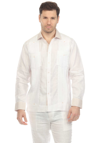 Mojito Men's 100% Linen Chacabana Guayabera – Long Sleeve Shirt with Natural Contrast Collar and Cuffs