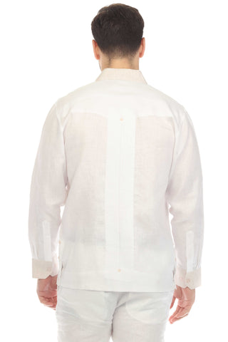 Mojito Men's 100% Linen Chacabana Guayabera – Long Sleeve Shirt with Natural Contrast Collar and Cuffs