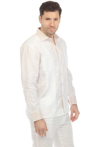Mojito Men's 100% Linen Chacabana Guayabera – Long Sleeve Shirt with Natural Contrast Collar and Cuffs