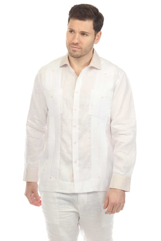 Mojito Men's 100% Linen Chacabana Guayabera – Long Sleeve Shirt with Natural Contrast Collar and Cuffs