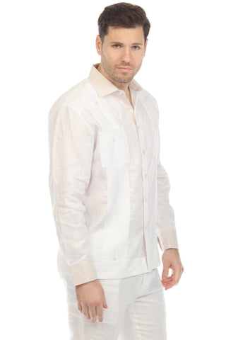 Mojito Men's 100% Linen Chacabana Guayabera – Long Sleeve Shirt with Natural Contrast Collar and Cuffs