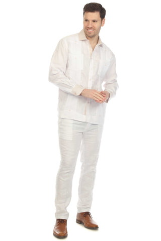 Mojito Men's 100% Linen Chacabana Guayabera – Long Sleeve Shirt with Natural Contrast Collar and Cuffs