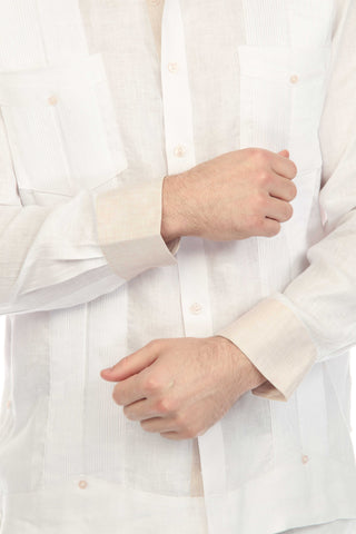 Mojito Men's 100% Linen Chacabana Guayabera – Long Sleeve Shirt with Natural Contrast Collar and Cuffs