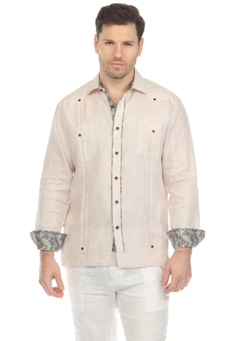 Mojito Men's 100% Linen Guayabera Chacabana Shirt Long Sleeve with Contrast Trim Accent