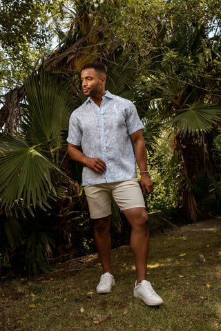 Mojito Men's 100% Linen Short Sleeve Abstract Bloom Print Shirt