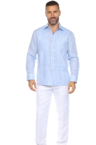 Mojito Men's 100% Linen Yarn Dyed Guayabera Chacabana Shirt Long Sleeve with 2 Pocket Design