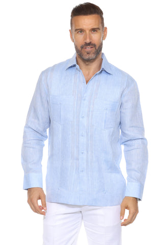 Mojito Men's 100% Linen Yarn Dyed Guayabera Chacabana Shirt Long Sleeve with 2 Pocket Design