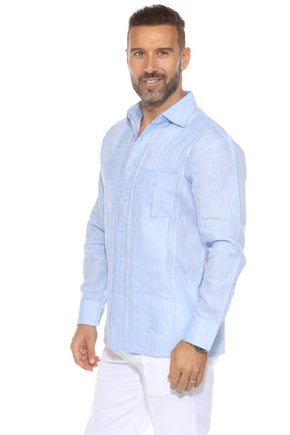 Mojito Men's 100% Linen Yarn Dyed Guayabera Chacabana Shirt Long Sleeve with 2 Pocket Design