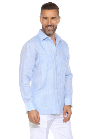 Mojito Men's 100% Linen Yarn Dyed Guayabera Chacabana Shirt Long Sleeve with 2 Pocket Design
