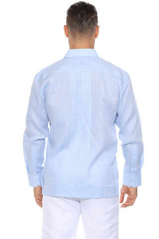 Mojito Men's 100% Linen Yarn Dyed Guayabera Chacabana Shirt Long Sleeve with 2 Pocket Design