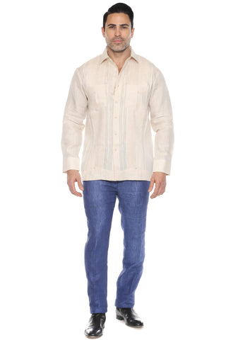 Mojito Men's 100% Linen Yarn Dyed Guayabera Chacabana Shirt Long Sleeve with 2 Pocket Design