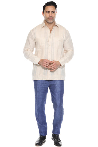 Mojito Men's 100% Linen Yarn Dyed Guayabera Chacabana Shirt Long Sleeve with 2 Pocket Design