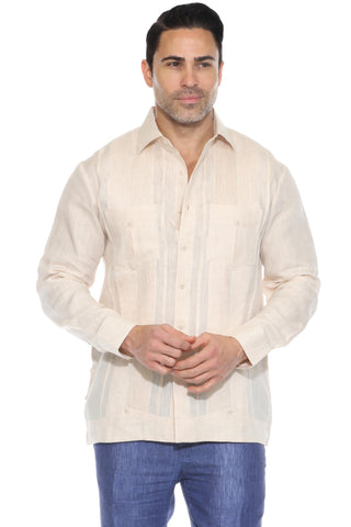 Mojito Men's 100% Linen Yarn Dyed Guayabera Chacabana Shirt Long Sleeve with 2 Pocket Design