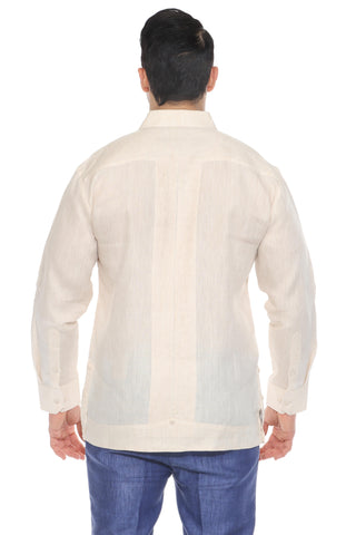 Mojito Men's 100% Linen Yarn Dyed Guayabera Chacabana Shirt Long Sleeve with 2 Pocket Design