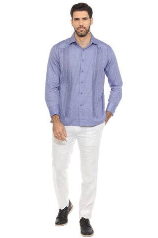 Men's Cotton Blend Guayabera Chacabana Shirt Long Sleeve with French Cuff and Pleated Trim