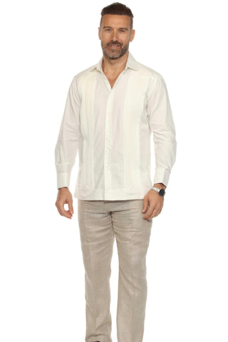 Men's Cotton Blend Guayabera Chacabana Shirt Long Sleeve with French Cuff and Pleated Trim