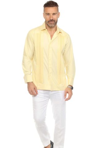 Men's Cotton Blend Guayabera Chacabana Shirt Long Sleeve with French Cuff and Pleated Trim