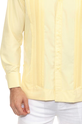 Men's Cotton Blend Guayabera Chacabana Shirt Long Sleeve with French Cuff and Pleated Trim