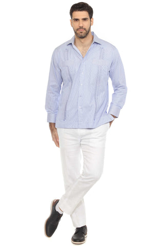Mojito Men's Cotton Blend Guayabera Chacabana Pinstripe Shirt Long Sleeve