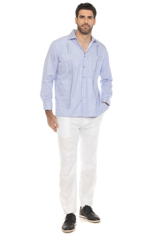 Mojito Men's Cotton Blend Guayabera Chacabana Pinstripe Shirt Long Sleeve
