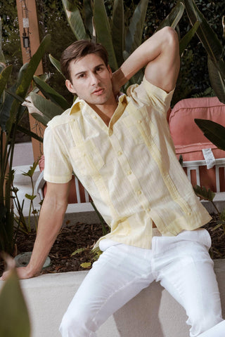 Mojito Men's Cotton Blend Guayabera Chacabana Shirt Short Sleeve with Accent Trim