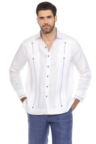 Mojito Men's Guayabera Shirt Chacabana 100% Linen with Contrast Trim Long Sleeve and French Cuff