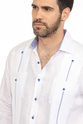 Mojito Men's Guayabera Shirt Chacabana 100% Linen with Contrast Trim Long Sleeve and French Cuff