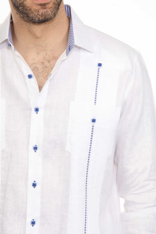 Mojito Men's Guayabera Shirt Chacabana 100% Linen with Contrast Trim Long Sleeve and French Cuff