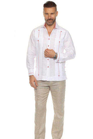 Mojito Men's Guayabera Shirt Chacabana 100% Linen with Contrast Trim Long Sleeve and French Cuff